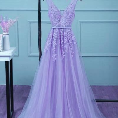 Light Purple Tulle V-neckline Applique and Beaded Junior Prom Dress 2019, Charming Formal Gown 2019, Party Dress