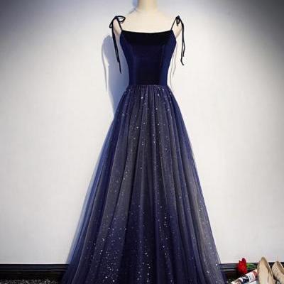 Navy Blue Velvet and Tulle Straps Party Dress 2019, Charming Formal Gown 