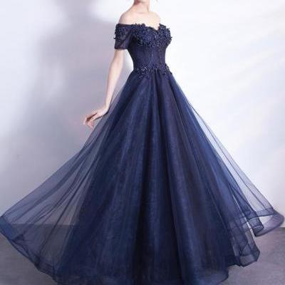 Navy Blue Off Shoulder Lace and Tulle Floor Length Prom Dress 2019, Stylish Evening Gowns