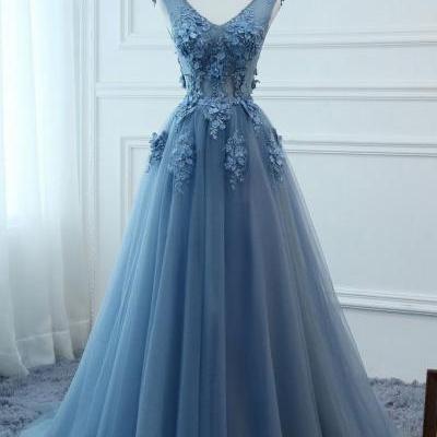 Beautiful Blue Tulle Prom Dress 2019, Long Party Gowns, Prom Dresses 2019