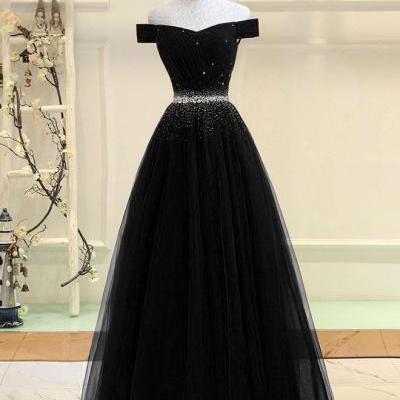 Black Tulle Beaded Long Off Shoulder New Formal Dress, Black Party Gown 2019