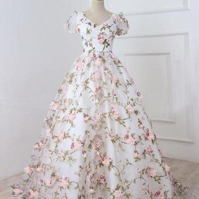 Beautiful Cap Sleeves Flowers Long Party Gown, Charming Formal Dress