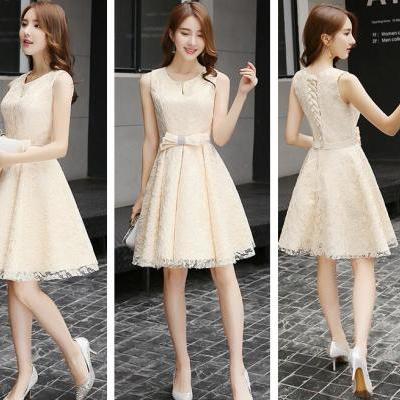 Lovely Champagne Lace Knee Length Party Dress, Lace Homecoming Dress