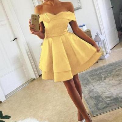 Cute Off the Shoulder Satin Homecoming Dress, Short Prom Dress 2020
