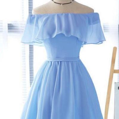 Cute Blue Short Bridesmaid Dress, Off Shoulder New Prom Dress 2020