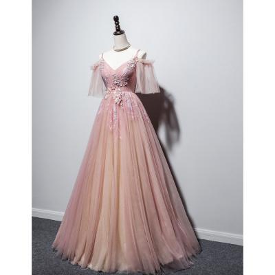 Beautiful Pink Straps V-neckline Tulle Floral Prom Dress, Pink Floor Length Party Dress