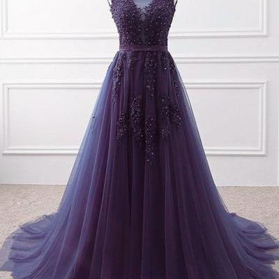 Beautiful Purple Tulle V-neckline Long Party Dress, Purple A-line Prom Dress, Bridesmaid Dress