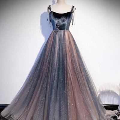 Charming Pink And Grey Shiny Long Straps Lace-Up Long Formal Dress, Charming Evening Dress