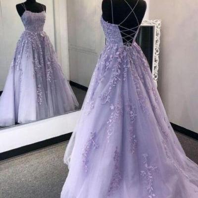 Lavender Backless Tulle Lace Long Prom Dresses, Open Back Purple Tulle Lace Formal Evening Party Dresses