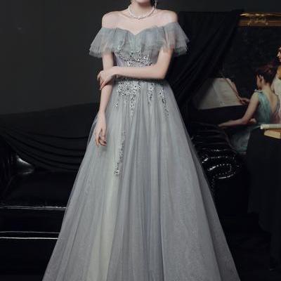 Light Grey Sweetheart Lace Tulle Floor Length Long Evening Dress, Grey Prom Dress Party Dress