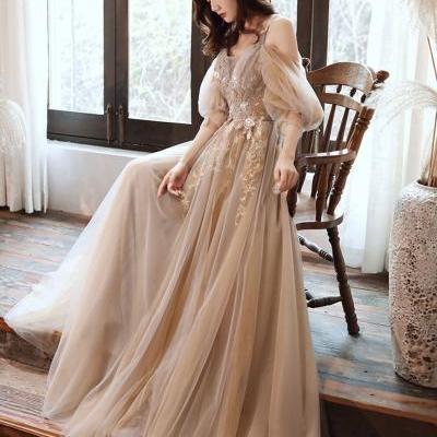 Beautiful Puffy Sleeves Champagne Floor Length Evening Dress, Long Flowers Prom Dress
