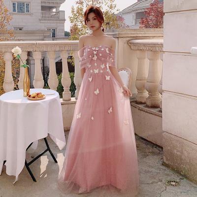 Pink Cute Off Shoulder Tulle A-line Party Dress with Butterflies, Lovely Pink Long Prom Dress