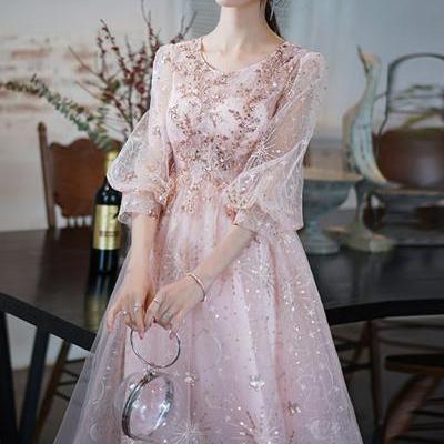 Pink Tulle Short Sleeves Flowers Cute Knee Length Party Dress, Pink Short Prom Dresses Formal Dresses
