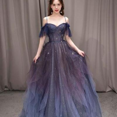 Charming Blue Beaded Gradient Tulle Long Formal Dress, A-line Straps Sweetheart Tulle Prom Dress