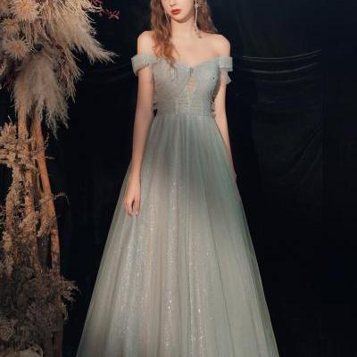 Shiny Tulle A-line Off Shoulder Long Prom Dress 2022, Sweetheart Formal Dresses