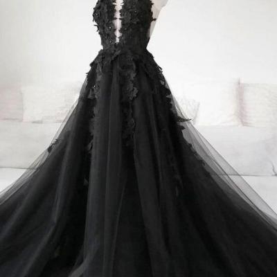 Black Tulle with Lace Applique Long Formal Dress, Prom Dress with Leg Slit