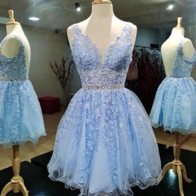 Light Blue Lace Prom Dresses, Backless Light Blue Lace Homecoming Dresses, Short Light Blue Lace Formal Evening Dresses
