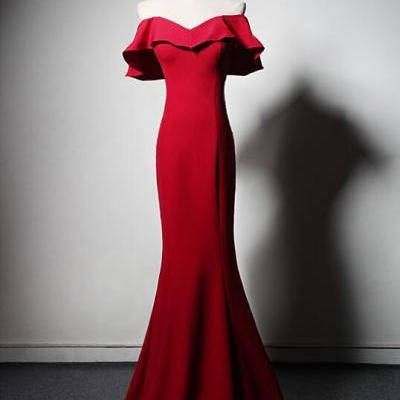 Red Mermaid Off Shoulder Floor Length Evening Dress Party Dress, Red Evening Dress Formal Dress