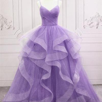 Glam Purple Tulle V-neckline Straps Layers Long Formal Dress Party Dress, Purple Evening Dress Prom Dresses