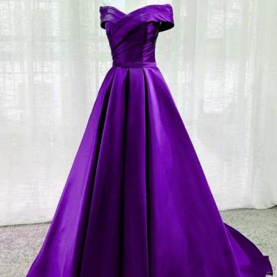 Purple Satin Off Shoulder Long Evening Dress Prom Dress, Purple A-line Party Dresses