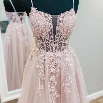A Line V Neck Pink Tulle Lace Long Prom Dresses, Open Back Pink Formal Dresses, Pink Lace Evening Dresses