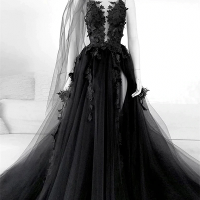 Black Floral Long Prom Dresses, Long Black Floral Formal Evening Dresses