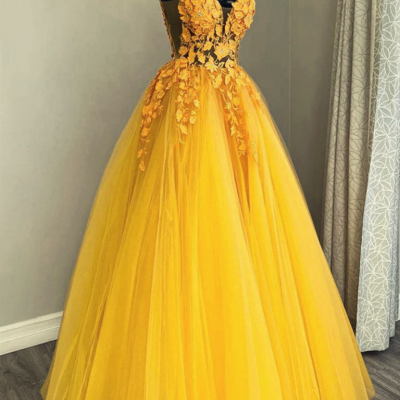 Beautiful Yellow V-neckline Low Back Tulle with Lace Long Party Dresses, A-line Tulle Prom Dresses