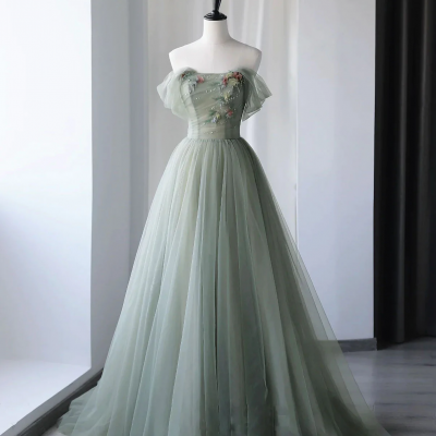Beautiful Light Green Tulle Long Party Dress, Green Tulle Formal Dresses 
