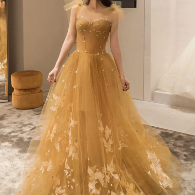Yellow Tulle Long Party Dresses with Lace, Prom Dresses, A-line Tulle Evevning Gown