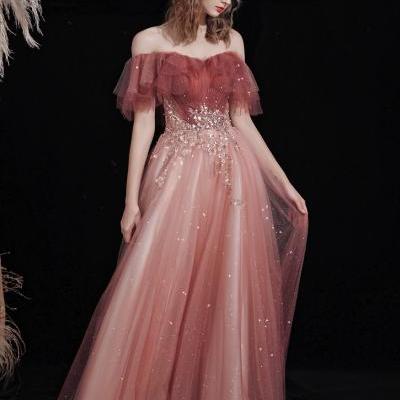 Pink Off Shoulder Long Party Dress With Lace, Gradient A-Line Simple Prom Dress
