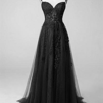 Black Tulle with Lace Straps A-line Prom Dress, Black Long Party Dress