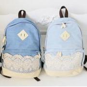  Pretty Denim Backpack Bag with Lace, Girls' Bag