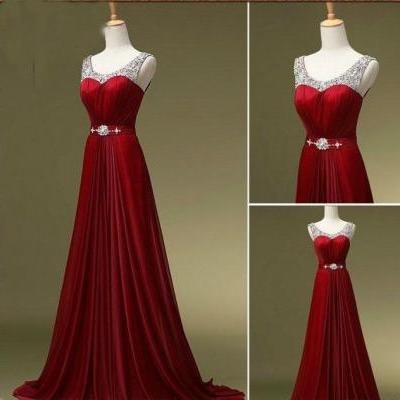 Super Elegant Round Neckline A-Line Floor Legnth Prom Dress with Beadings, High Quality Prom 2015, Red Prom Dress, Party Dress