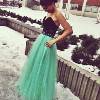 Handmade Green Tulle Black Sweetheart Bust Long Prom Dress with Beadings, Green Long Prom Gown 2015, Prom Dresses, Evening Dresses