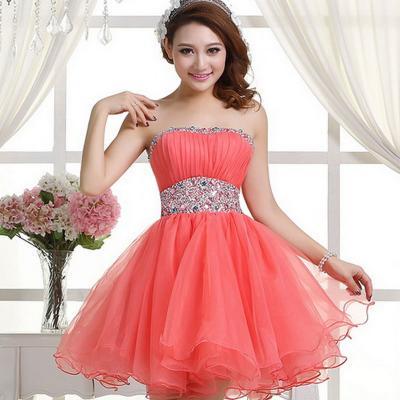Cute Handmade Coral Ball Gown Short Prom Dresses 2015, Homecoming Dresses, High Quality Graduation Dresses