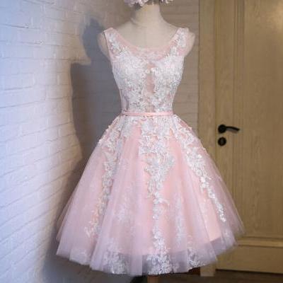 Cute Light Pink Tulle Handmade Short Prom Dress with Lace Applique, Pink Homecoming Dresses, Lovely Graduation Dresses 