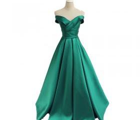 Green Off Shoulder Lace-up Gowns, A-line Satin Elegant Prom Dresses ...