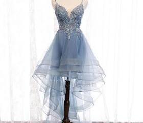 Lovely Blue High Low V-neckline Straps Party Dress, New Straps Prom Dress