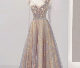 A Line V Neck Gray Tulle Prom Dress, Evening Dress