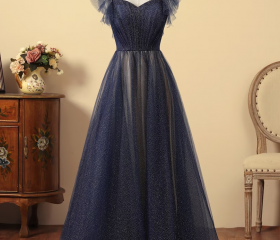 8487 Navy Blue Tulle Cape Dress main image 0