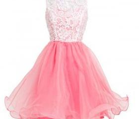 Cute Pink Short Lace Tulle Short Prom Dresses, Pink Homecoming Dresses ...