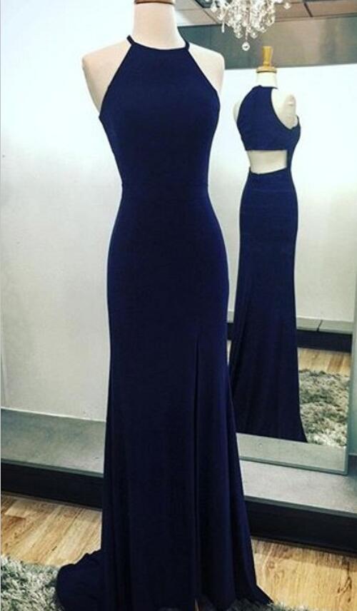 Simple Navy Blue Spandex Slit Mermaid Party Gowns, Blue Evening Gowns, Mermaid Prom Dresses