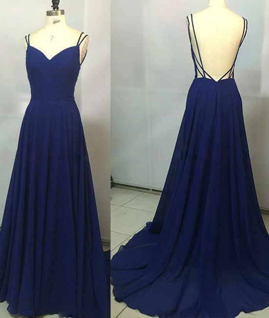 Simple Royal Blue Straps Backless Long Chiffon Prom Dresses, Royal Blue Party Dresses, Evening Gowns