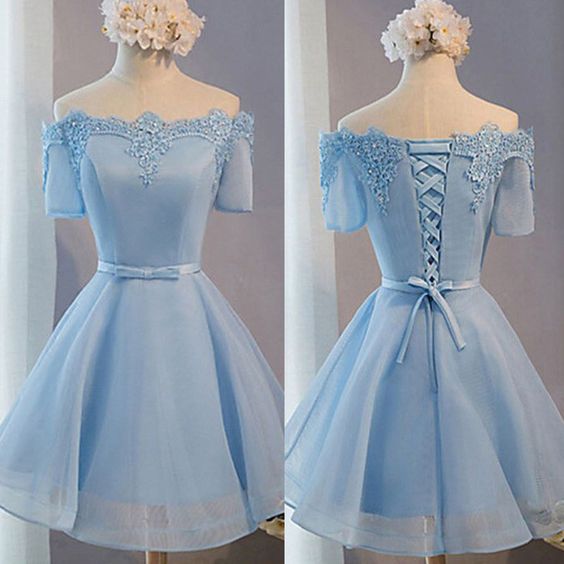 Light Blue Off Shoulder Short Sleeves Homecoming Dresses, Cute Formal Dresses, Graduation Dresses