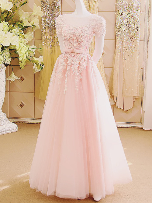 Elegant Tulle And Lace Applique Pink Prom Gowns, Pink Formal Dresses, Evening Gowns