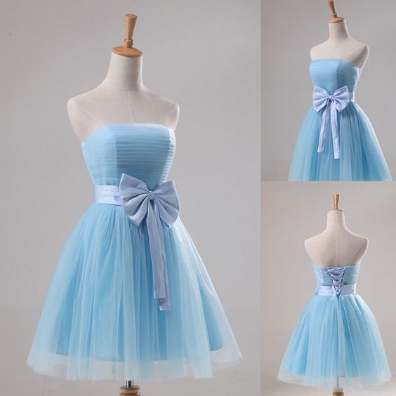 Lovely Light Blue Homecoming Dress With Bow, Cute Short Formal Dresses, Prom Dresses For