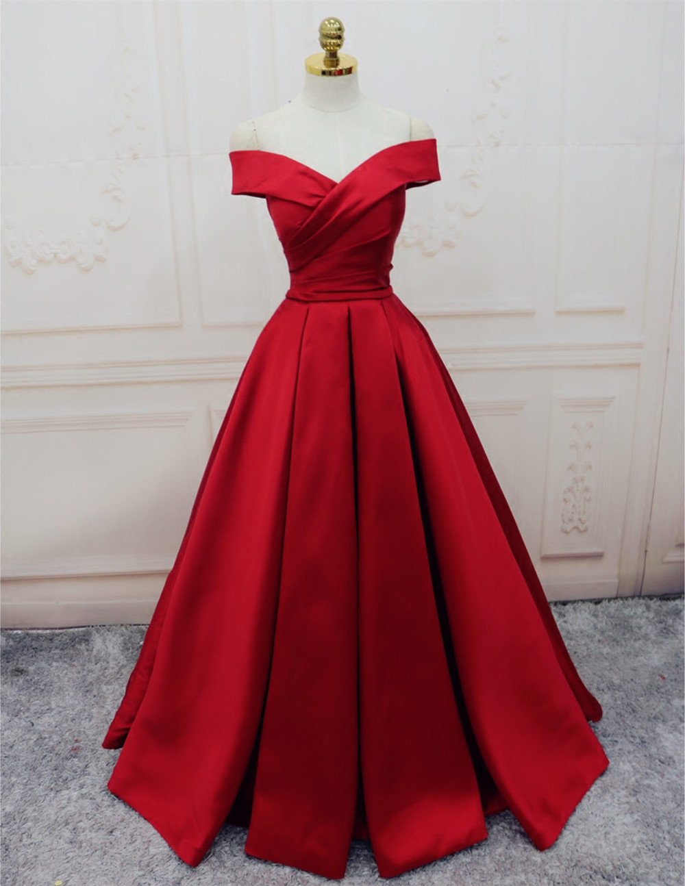 Red Off-the-shoulder Satin A-line Floor-length Prom Dress, Evening Dress Featuring Lace-up Back