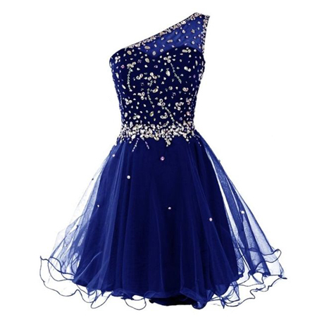 Lovely Dark Royal Blue One-shoulder A-line Homecoming Dress, Short Prom Dresses, Cute Tulle Formal Dresses
