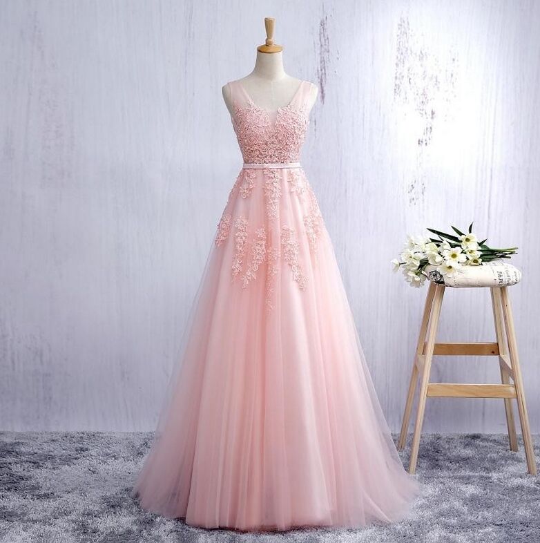 Charming Tulle Pink Lace Prom Dresses,v-neck Prom Dress,a-line Long Prom Dresses,backless Prom Gowns,formal Dresses For Teens