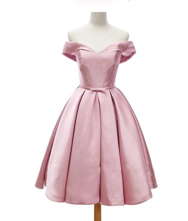 Cute Pink Satin Homecoming Dresses, Satin Short Prom Dresses, Knee ...